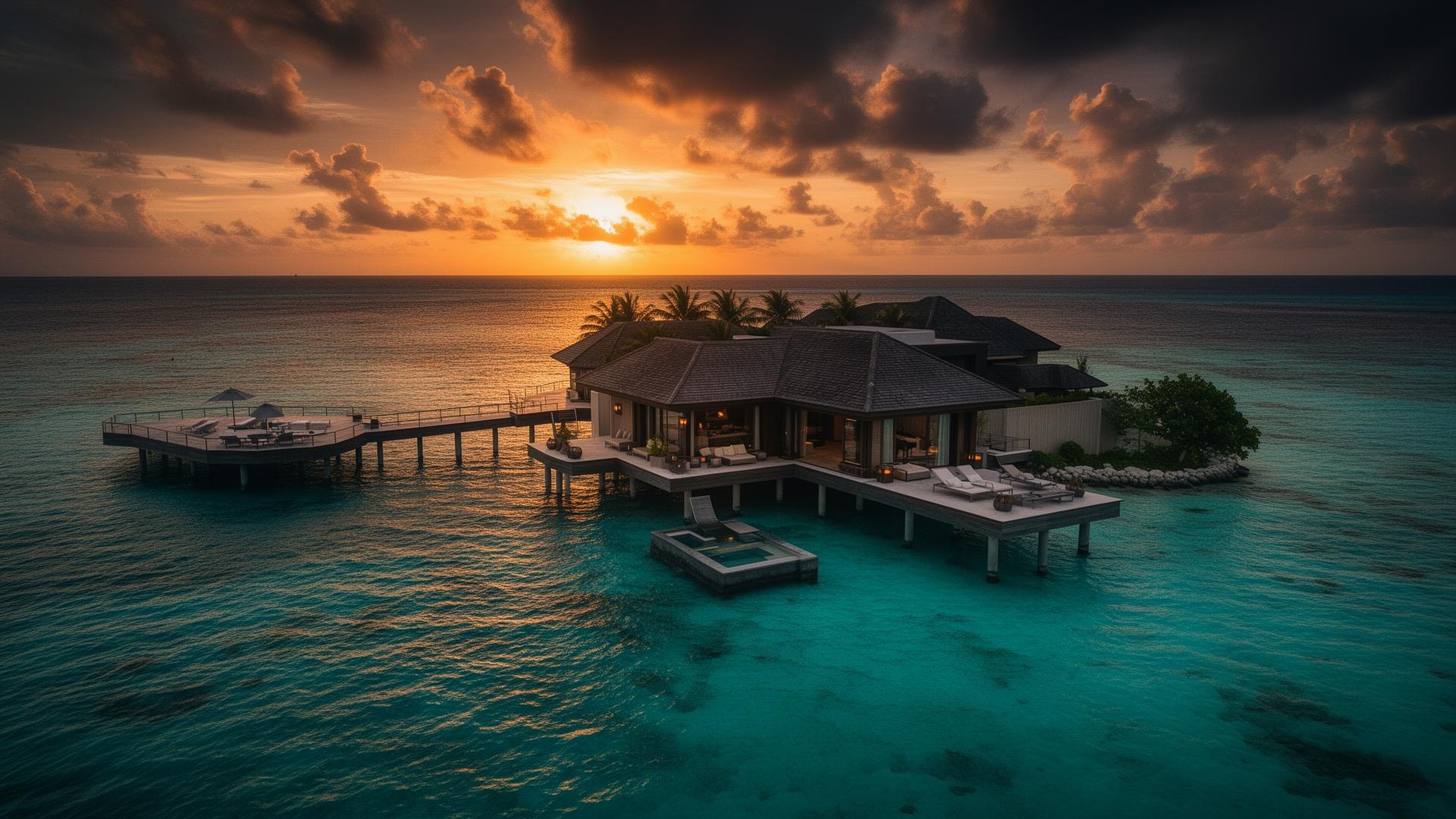 Luxury overwater villa at sunset